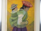 painting of two women with hats and a flower in their hands
