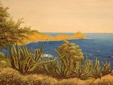 a painting of a view of the ocean from a hill