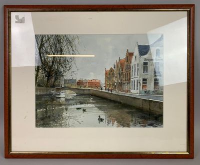 tableau représentant un canal avec des bâtiments et des canards dans l'eau