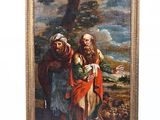 un vieux tableau représentant un homme et une femme debout devant un arbre
