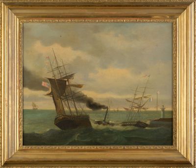an oil painting of two ships in the ocean with smoke coming out of them