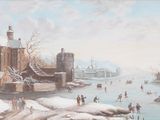 tableau représentant des personnes faisant du patin à glace sur une rivière gelée, avec un château en arrière-plan