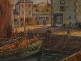 a painting of a harbor scene with boats in the water