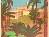 a poster of a man sitting in the grass next to palm trees