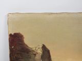 an image of a painting of a boat in a body of water with a mountain in the background