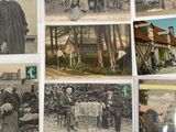 several old postcards of men and women standing in front of a building