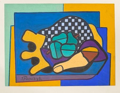 a painting of a bowl of fruit on a table