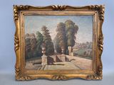 une peinture à l'huile représentant une scène de parc avec un banc et des arbres