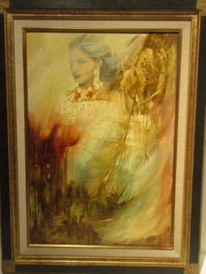 painting of a woman in a golden dress with a blue hair