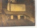 a painting of a dog sitting on a bench in a room