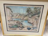 aquarelle encadrée représentant des bateaux sur le rivage d'un port