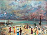 painting of people on the beach with umbrellas and boats in the background