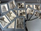 plusieurs photographies en noir et blanc représentant un escalier et une tour horloge