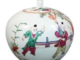a white vase with a painting on it on a white background