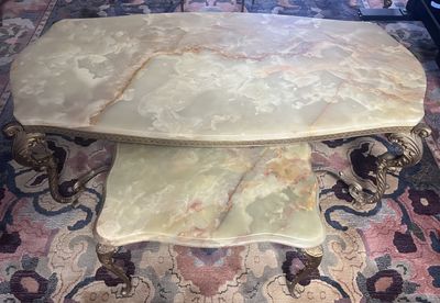 Table basse rocaille dorée plateau onyx (115 x 55cm) + bout …