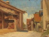 une peinture à l'huile représentant une scène de rue avec un cheval au milieu de la rue