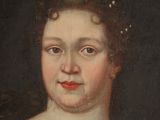 a painting of a woman in a dress with a flower in her hair