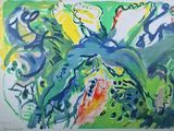 painting of a painting of a green and yellow flower with blue and red flowers
