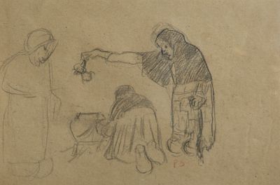 drawing of a man and a woman with a dog and a cat