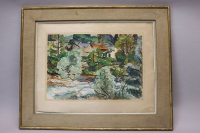 painting of a landscape with a river and houses in the distance
