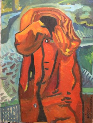 an oil painting of a man in a red coat holding his hands to his face