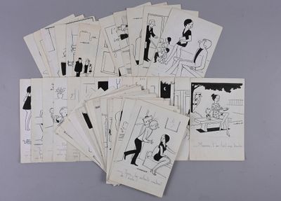 plusieurs cartes comportant des illustrations en noir et blanc représentant un homme et une femme