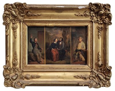 une image représentant un tableau montrant un groupe de personnes, dans un cadre doré