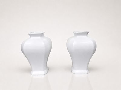 two white vases sitting on a white surface