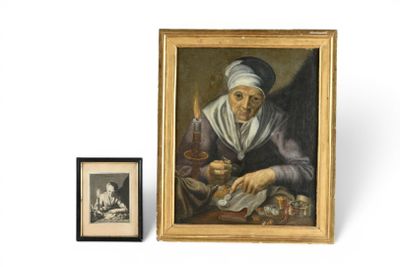 un tableau représentant une vieille femme portant un turban et une photo encadrée d'un homme