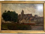 an image of a painting of a city with a church in the background