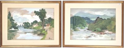 two paintings of a river with trees and a mountain in the background