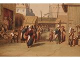 a painting of a group of people walking down a street