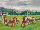 painting of a group of people riding horses in a green field