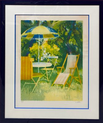 tableau représentant une scène de jardin avec une table, des chaises et un parasol
