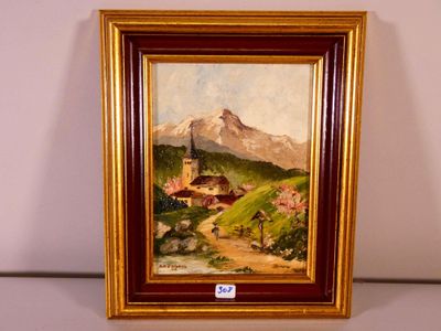 an oil painting of a mountain scene with a church in the distance