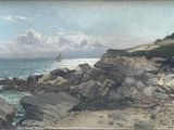 a painting of a sailboat on the water near the rocks