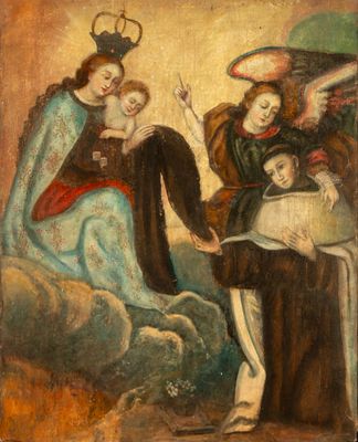 an image of a painting of a group of angels in a landscape