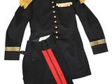 a black uniform with gold trims and a red stripe