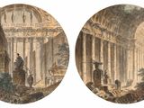 deux tableaux représentant un bâtiment à colonnes, avec un homme debout au milieu