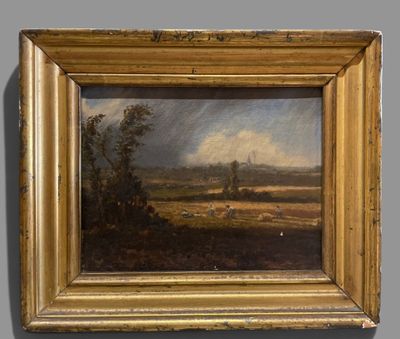 une peinture à l'huile représentant un paysage avec des moutons paissant dans un champ