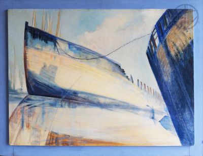 une peinture accrochée au mur d'un bateau dans l'eau