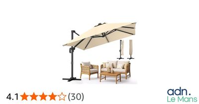 une photo d'un ensemble de jardin comprenant une table, des chaises et un parasol