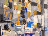 an oil painting of a group of people sitting on a bench