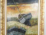 painting of two boats on the beach in a gold frame