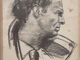dessin représentant un homme avec une pipe à la bouche, dans un cadre