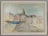 an image of a painting of a city with a boat in the water