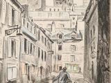 drawing of a woman and child walking down a street in an old town