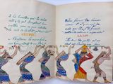an open book with a drawing of a group of people dancing