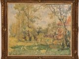 une image représentant un tableau avec des arbres et une maison dans un champ