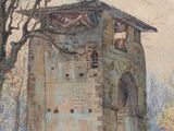 an image of a painting of a building with a tree in the foreground